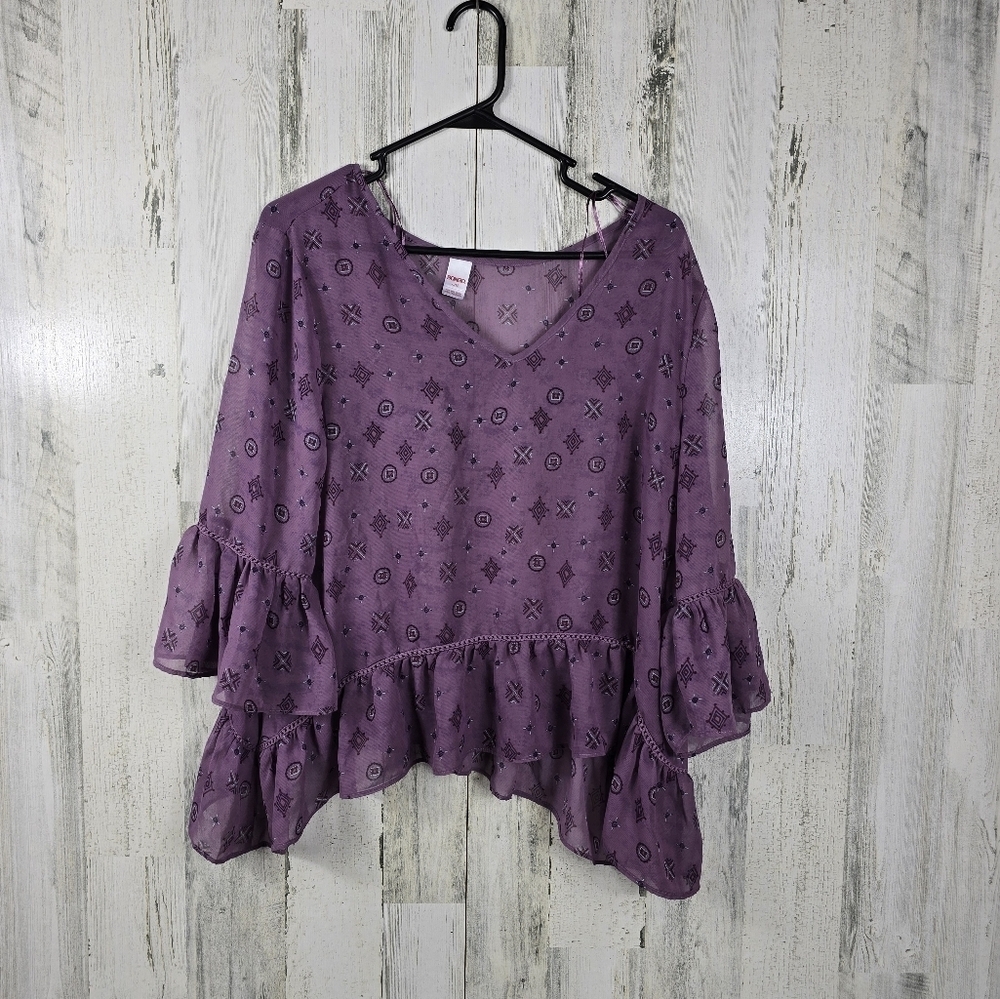 Bongo purple ruffled sheer vneck blouse women's size large